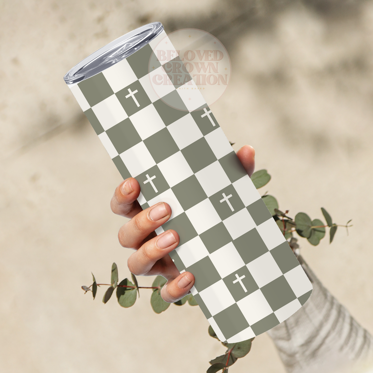 20oz Minimalistic sage green cross checkered tumbler